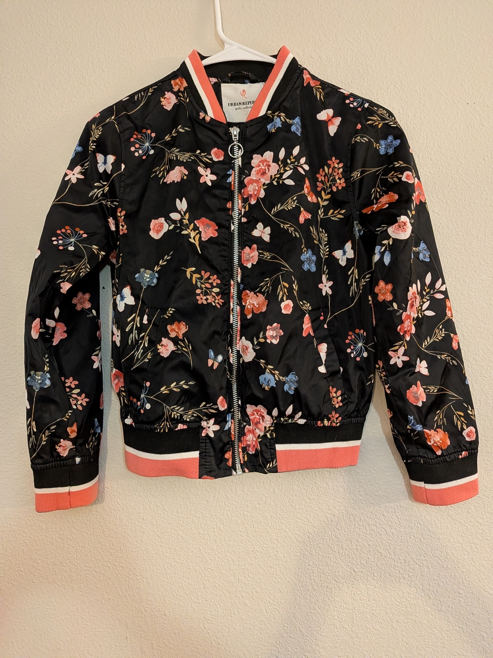 Floral Urban Republic Bomber Jacket in Black with Pink & Blue Accents